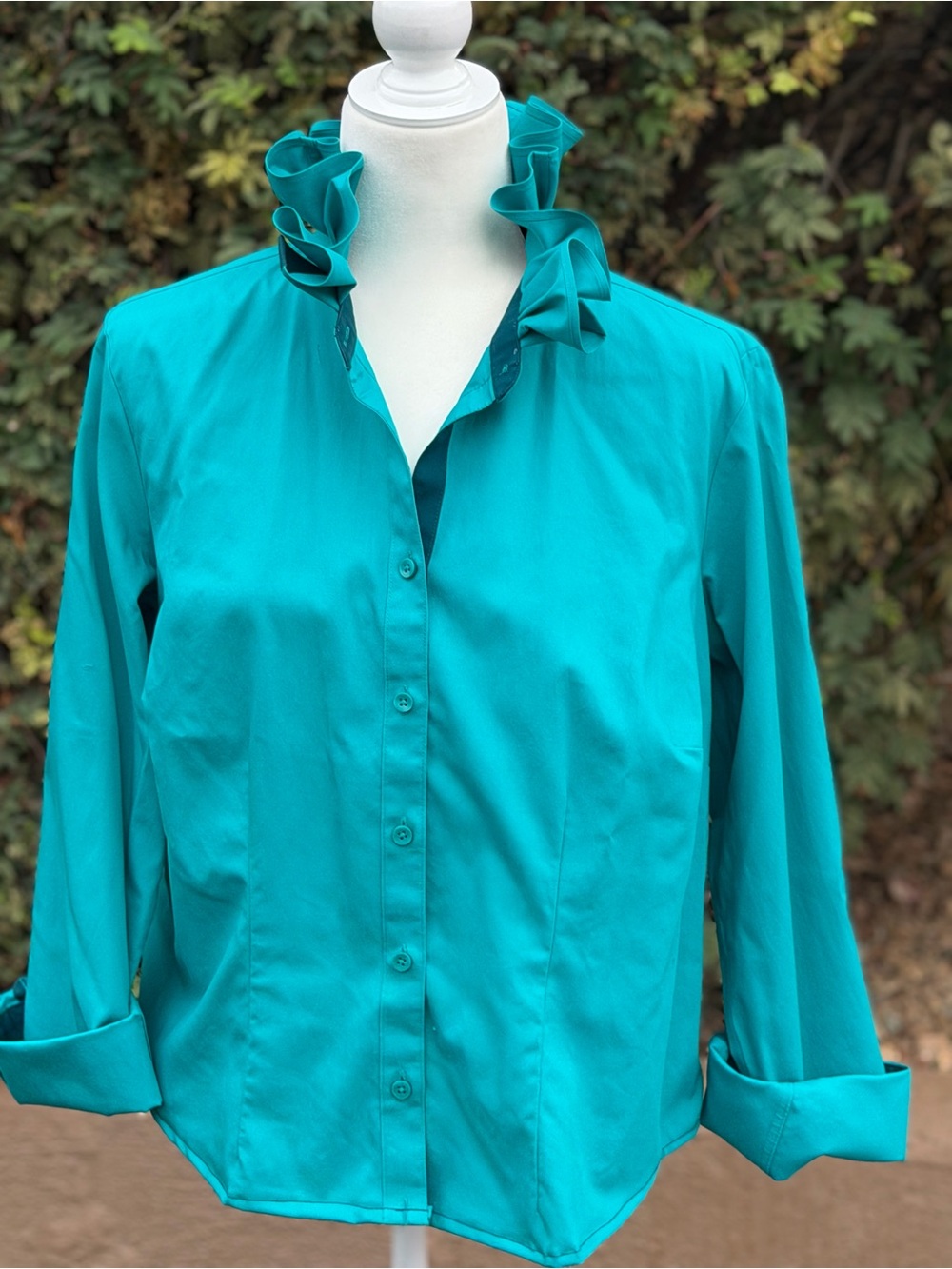 Coldwater Creek Teal Ruffle Collar Button-Down Shirt.